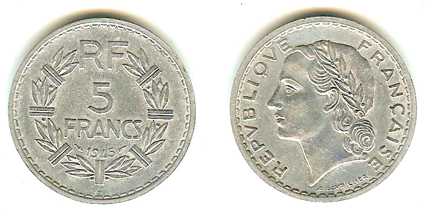 5 francs Lavrillier, aluminium 1945 Castelsarrasin SUP